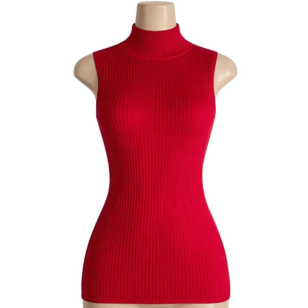 Madison Grey Red Ribbed Sleeveless Turtleneck Top Stretch Knit Blouse Size XL - Picture 1 of 5